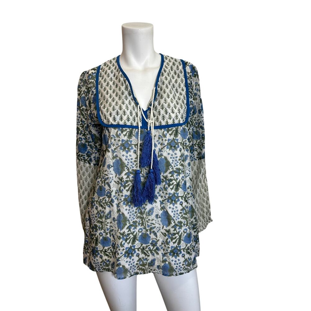 SZ Blockprints Boho Floral Tunic Silk Cotton Tassel Tie Blue Green Block Print S - Picture 2 of 12